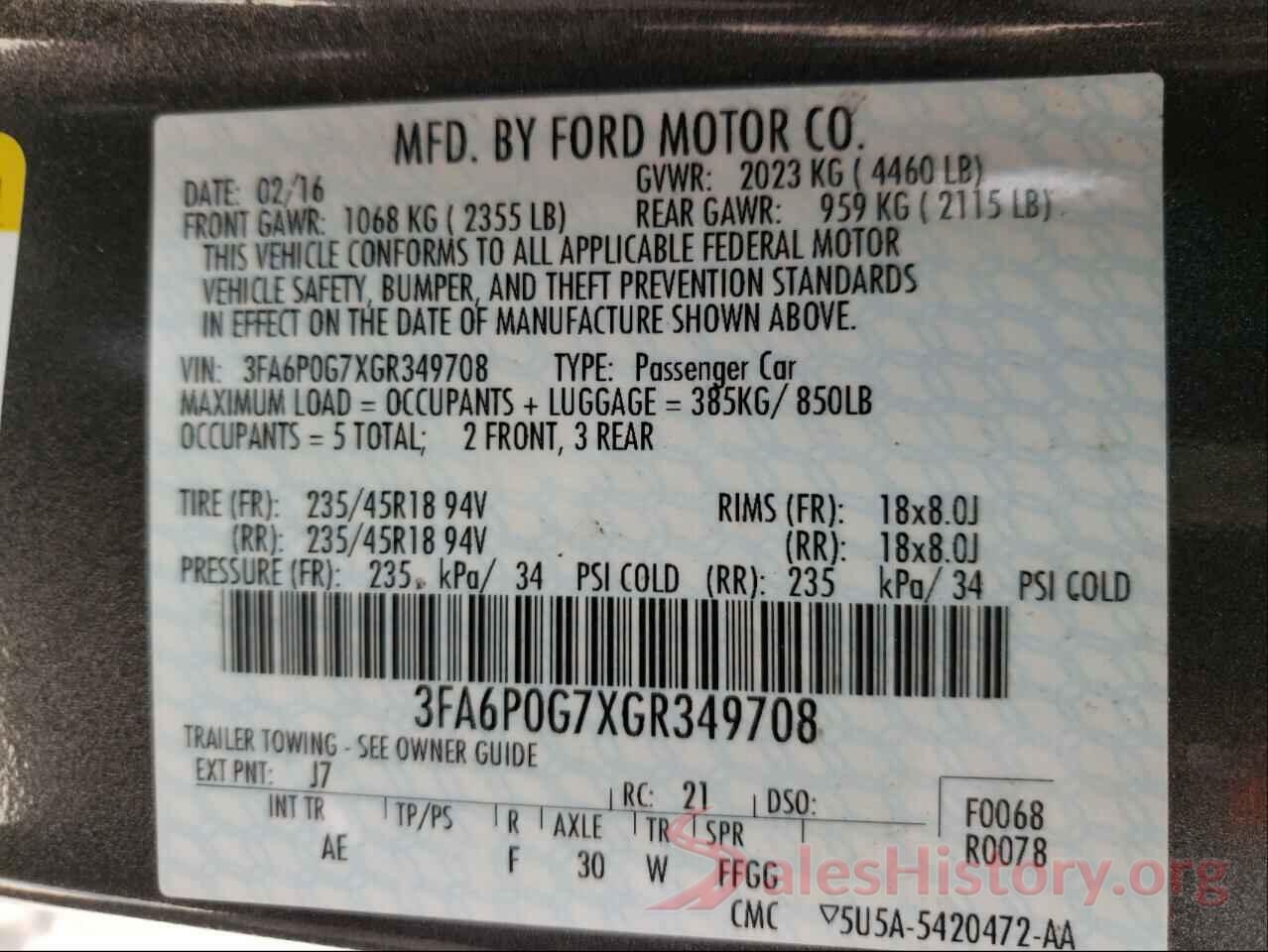 3FA6P0G7XGR349708 2016 FORD FUSION