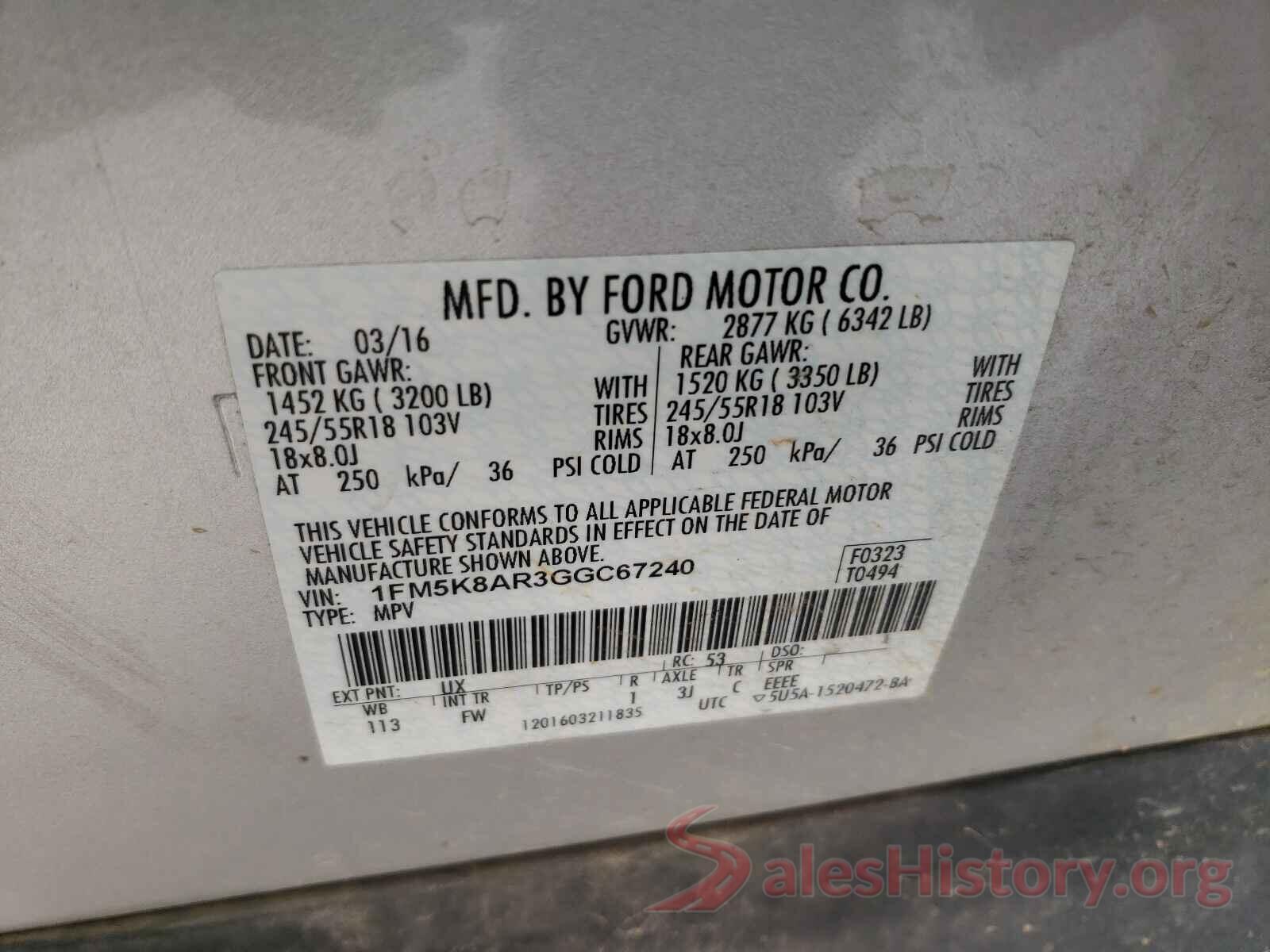 1FM5K8AR3GGC67240 2016 FORD EXPLORER