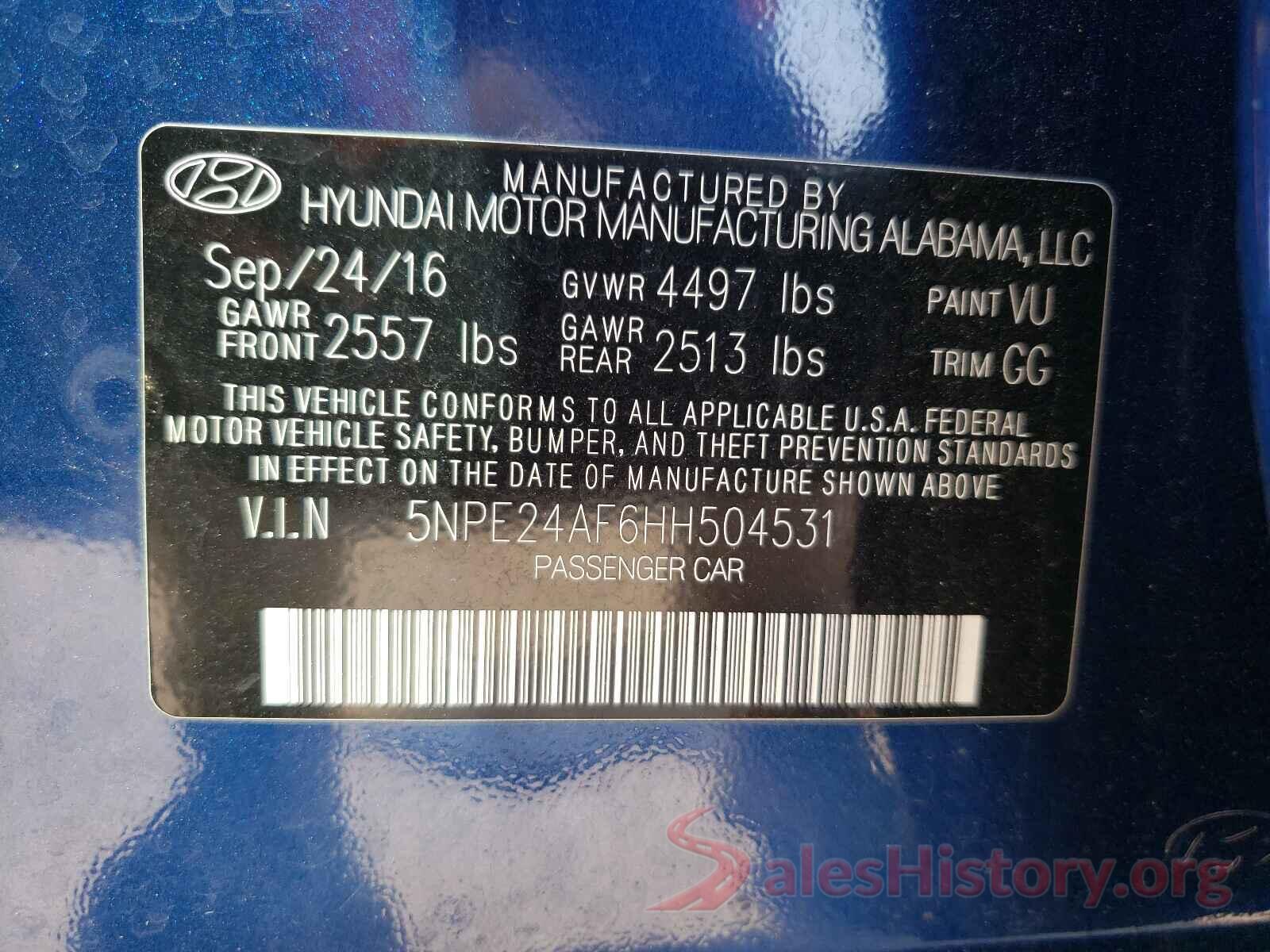 5NPE24AF6HH504531 2017 HYUNDAI SONATA