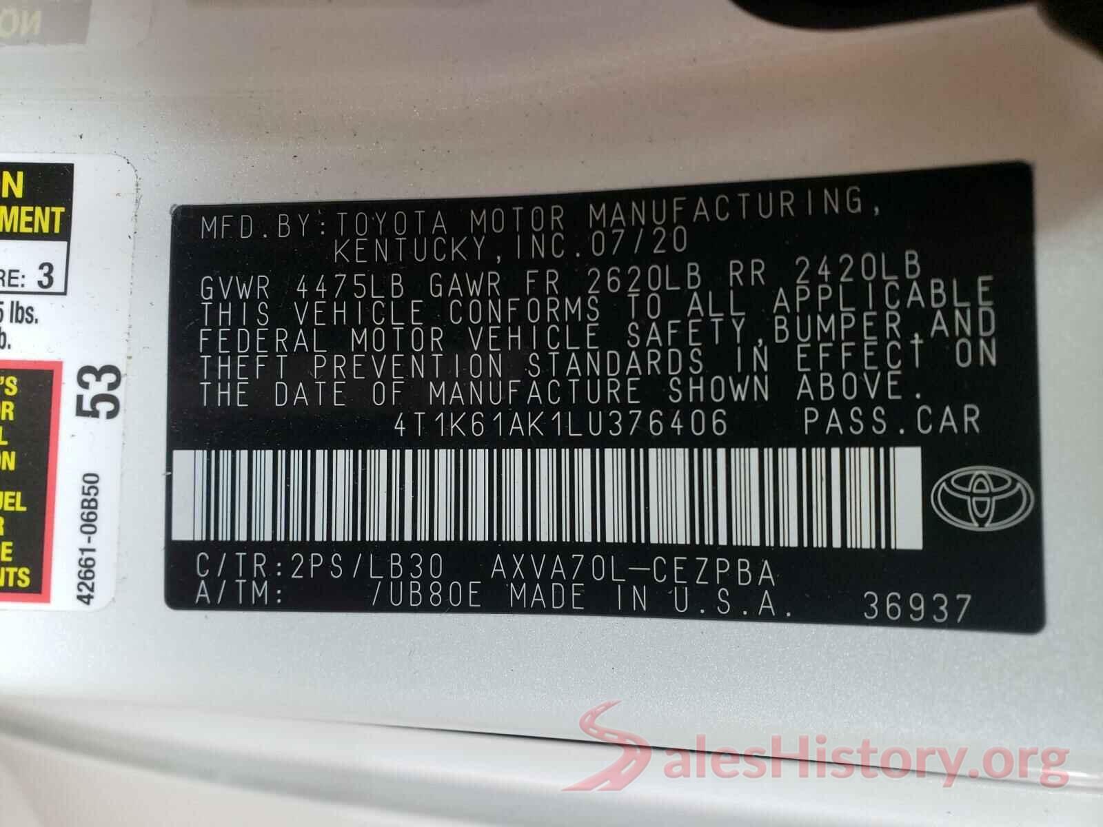 4T1K61AK1LU376406 2020 TOYOTA CAMRY