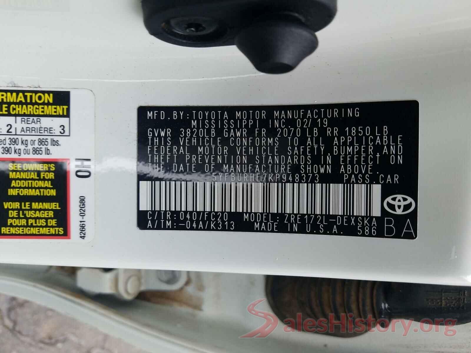 5YFBURHE7KP948373 2019 TOYOTA COROLLA