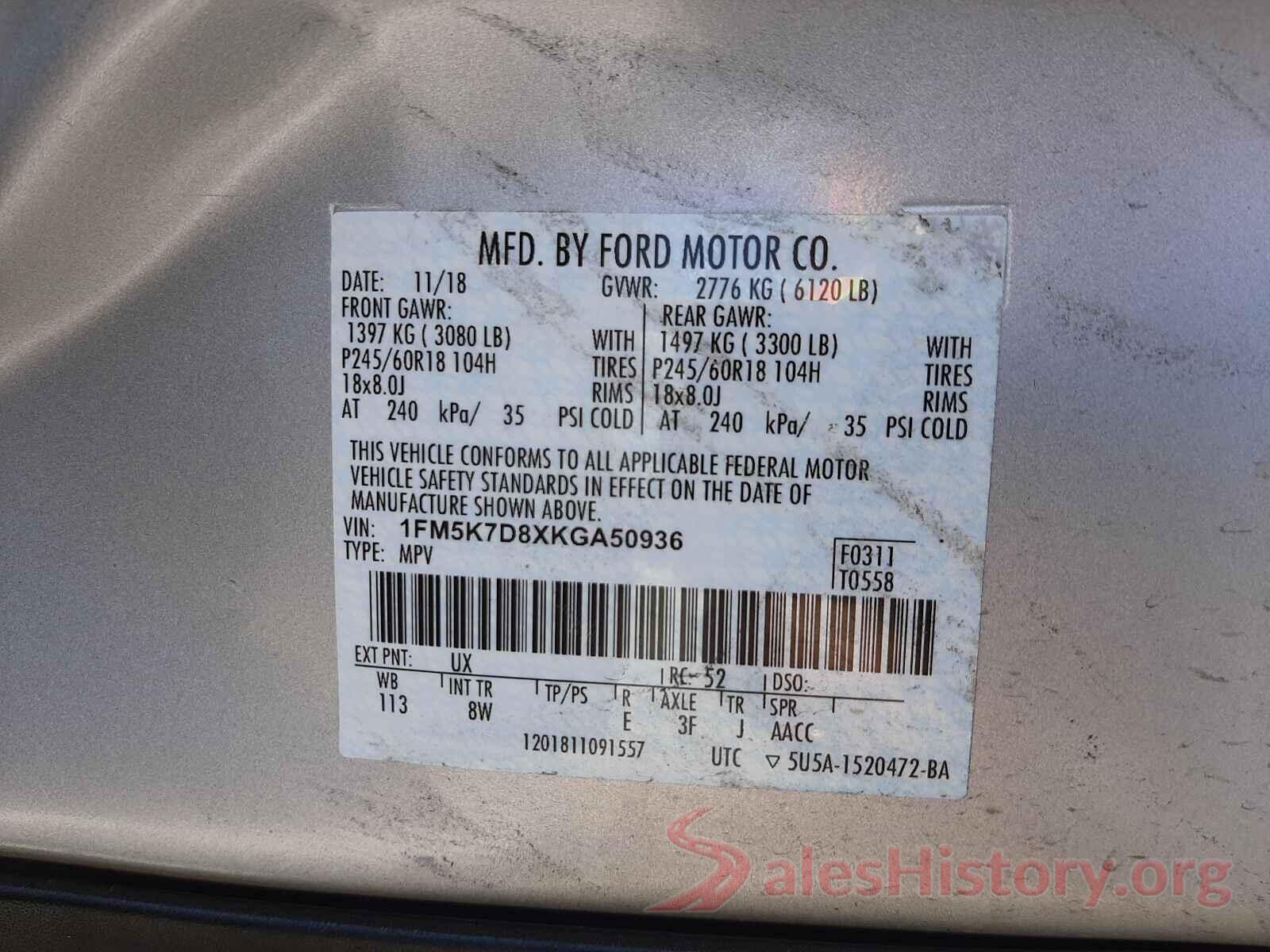 1FM5K7D8XKGA50936 2019 FORD EXPLORER