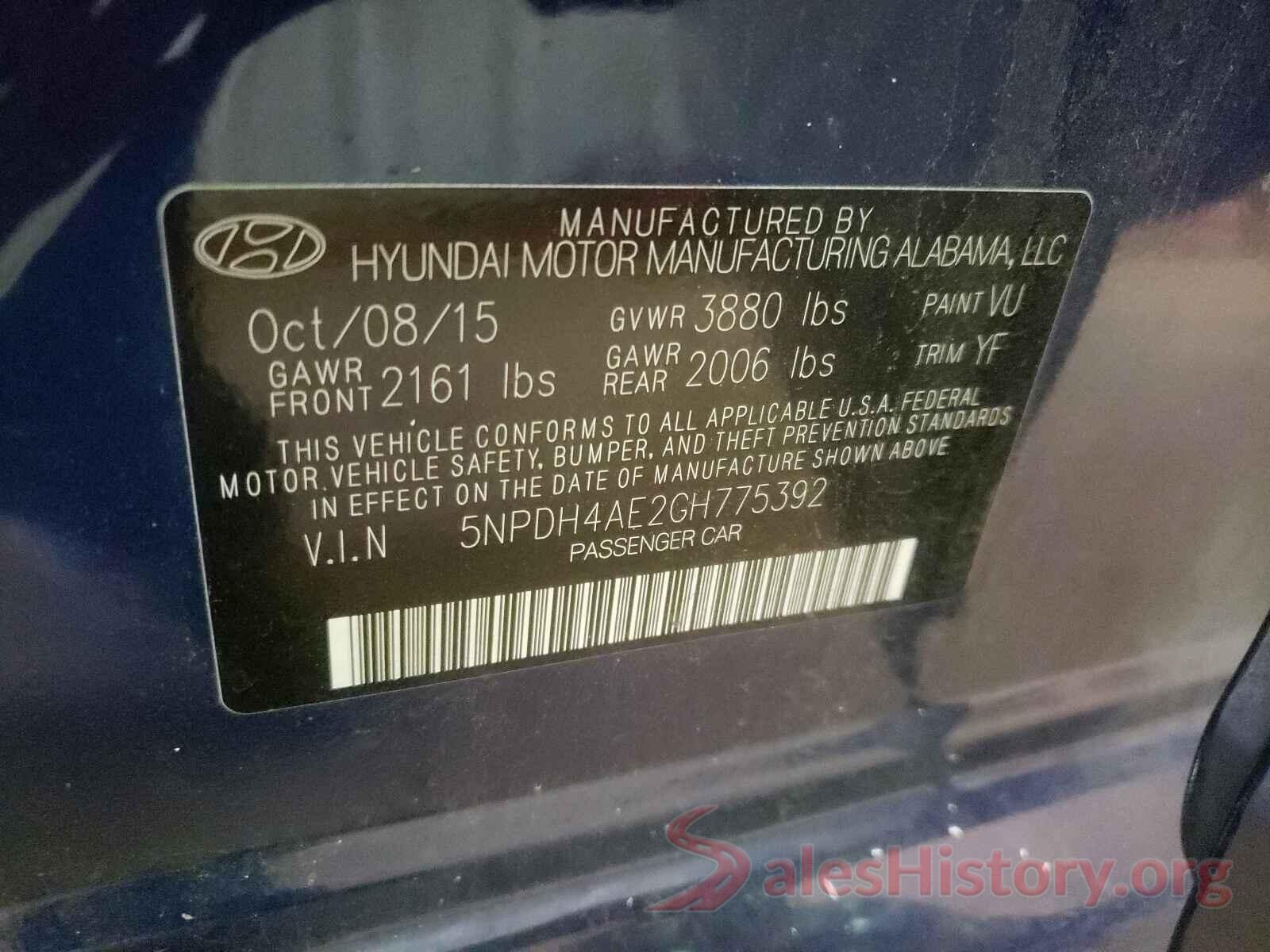 5NPDH4AE2GH775392 2016 HYUNDAI ELANTRA