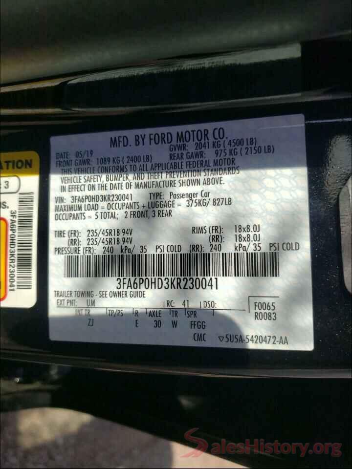 3FA6P0HD3KR230041 2019 FORD FUSION