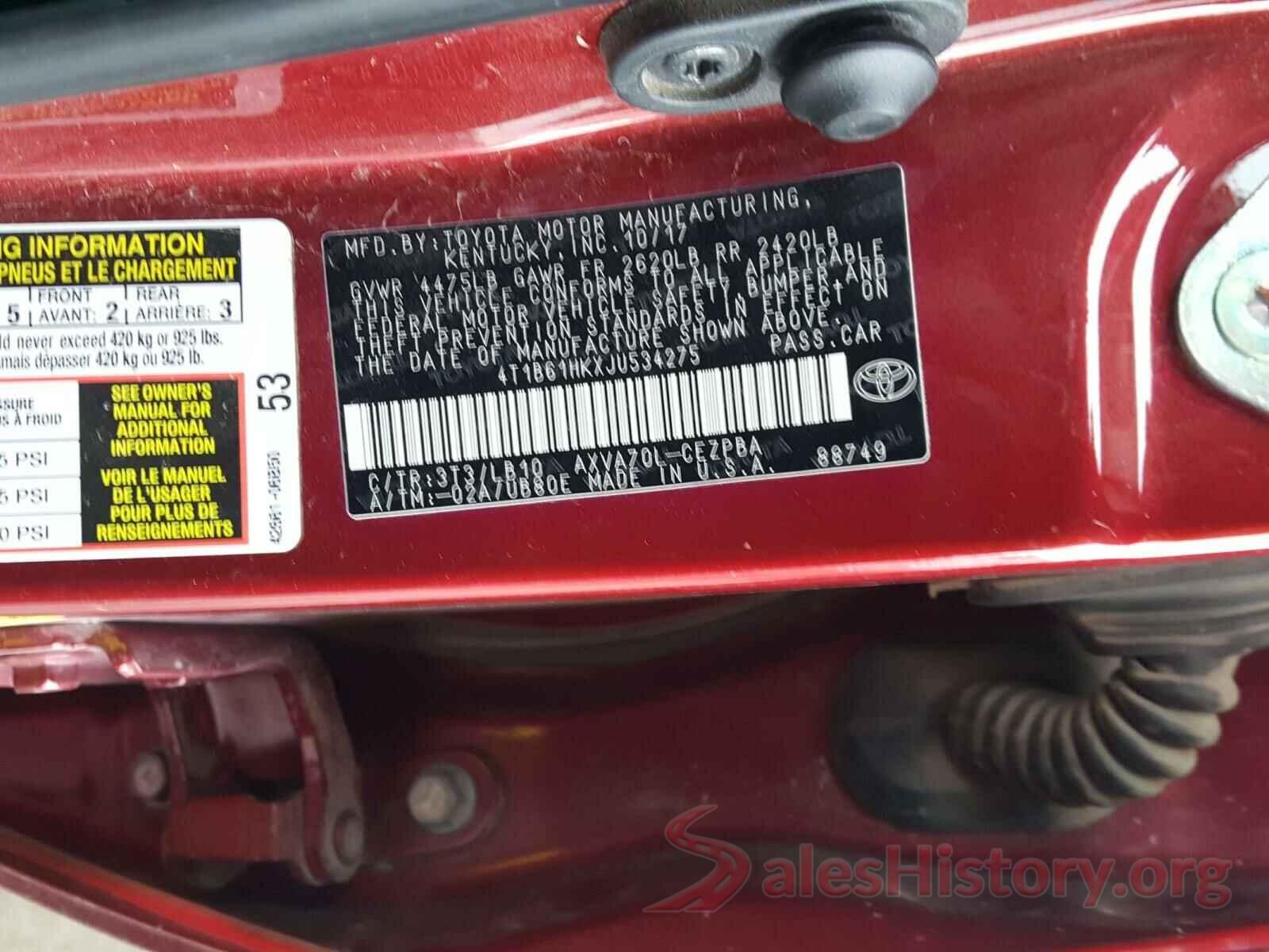 4T1B61HKXJU534275 2018 TOYOTA CAMRY