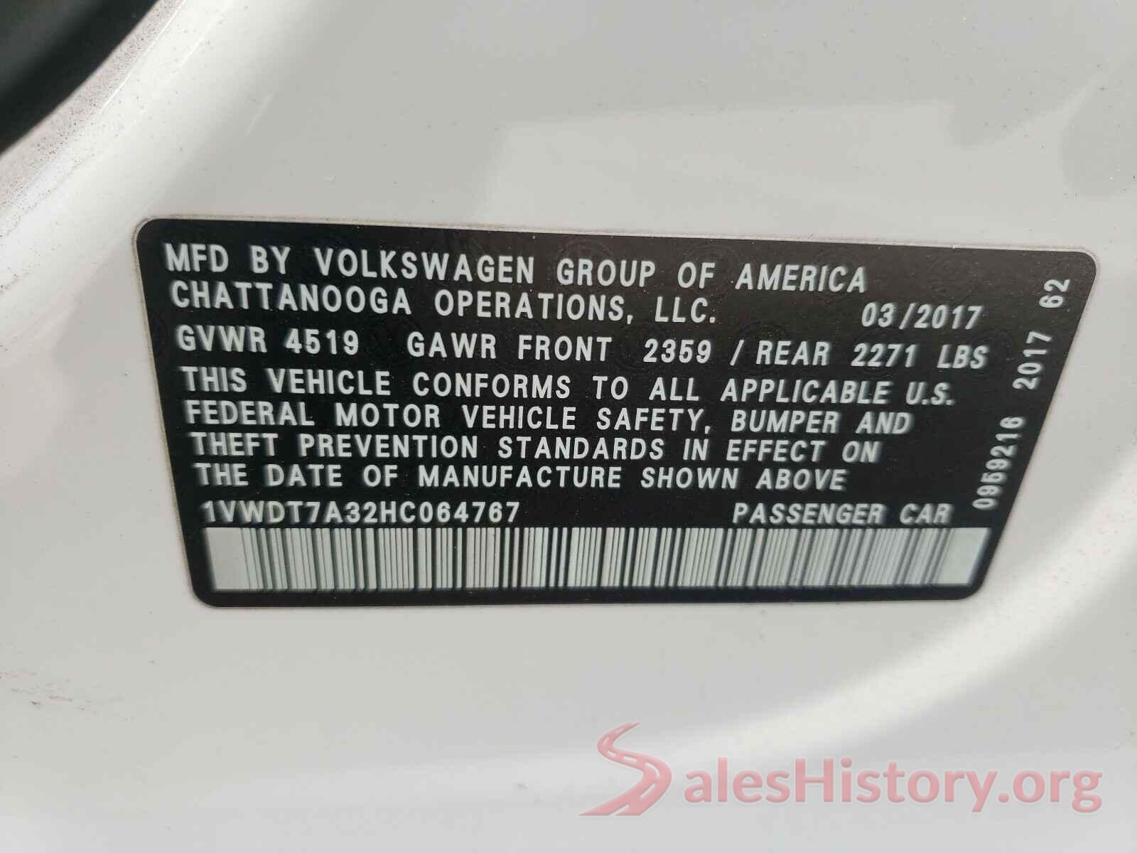 1VWDT7A32HC064767 2017 VOLKSWAGEN PASSAT