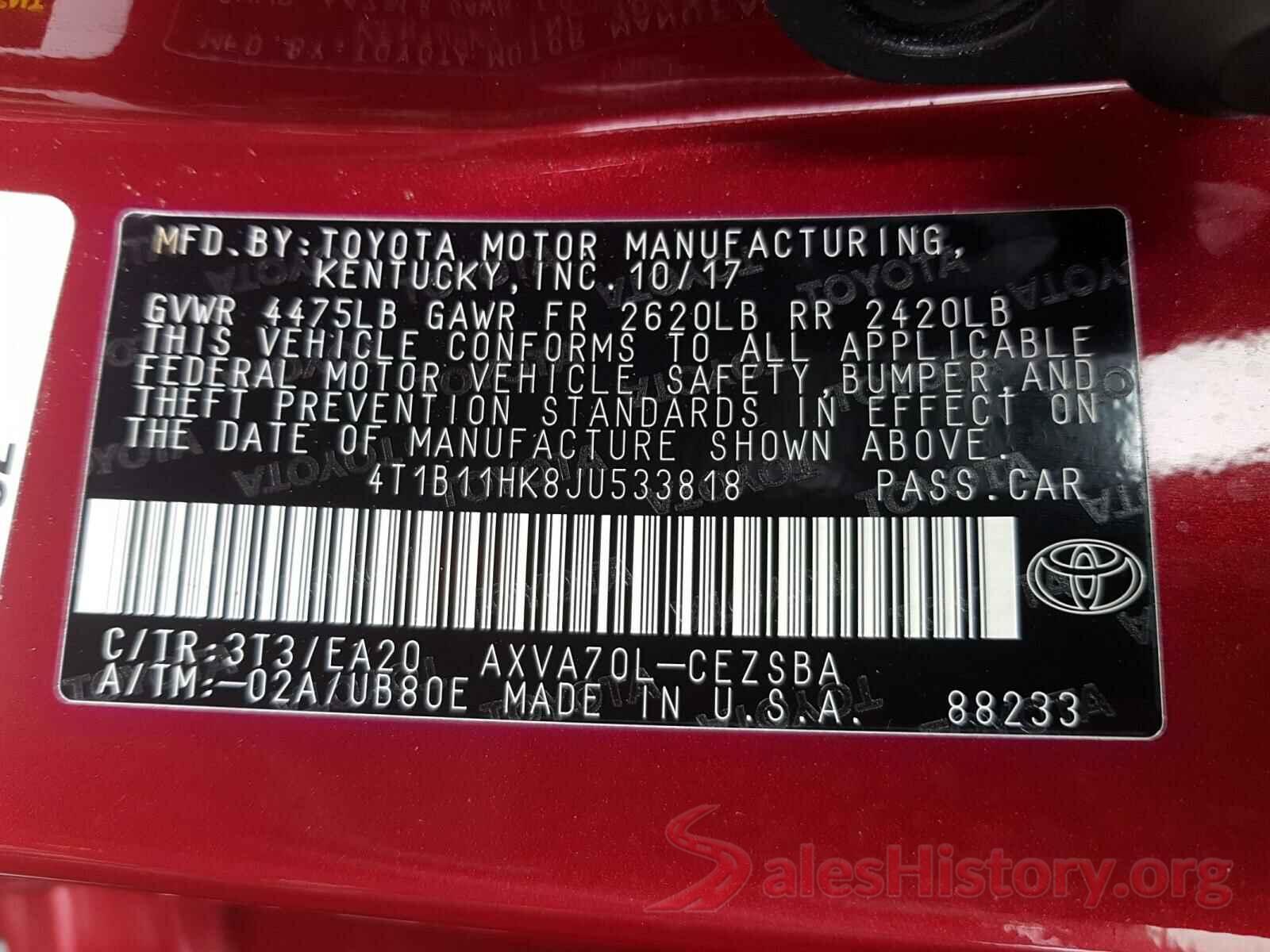 4T1B11HK8JU533818 2018 TOYOTA CAMRY