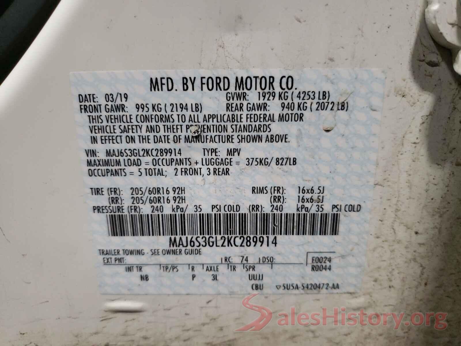 MAJ6S3GL2KC289914 2019 FORD ALL OTHER