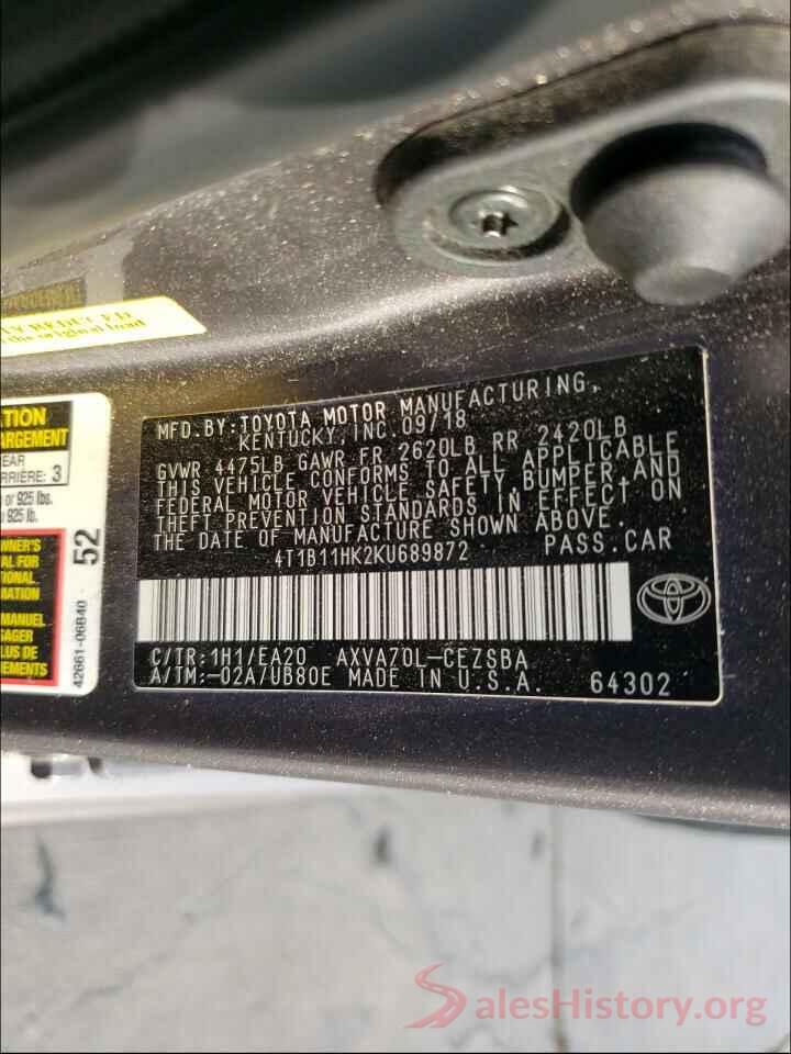 4T1B11HK2KU689872 2019 TOYOTA CAMRY