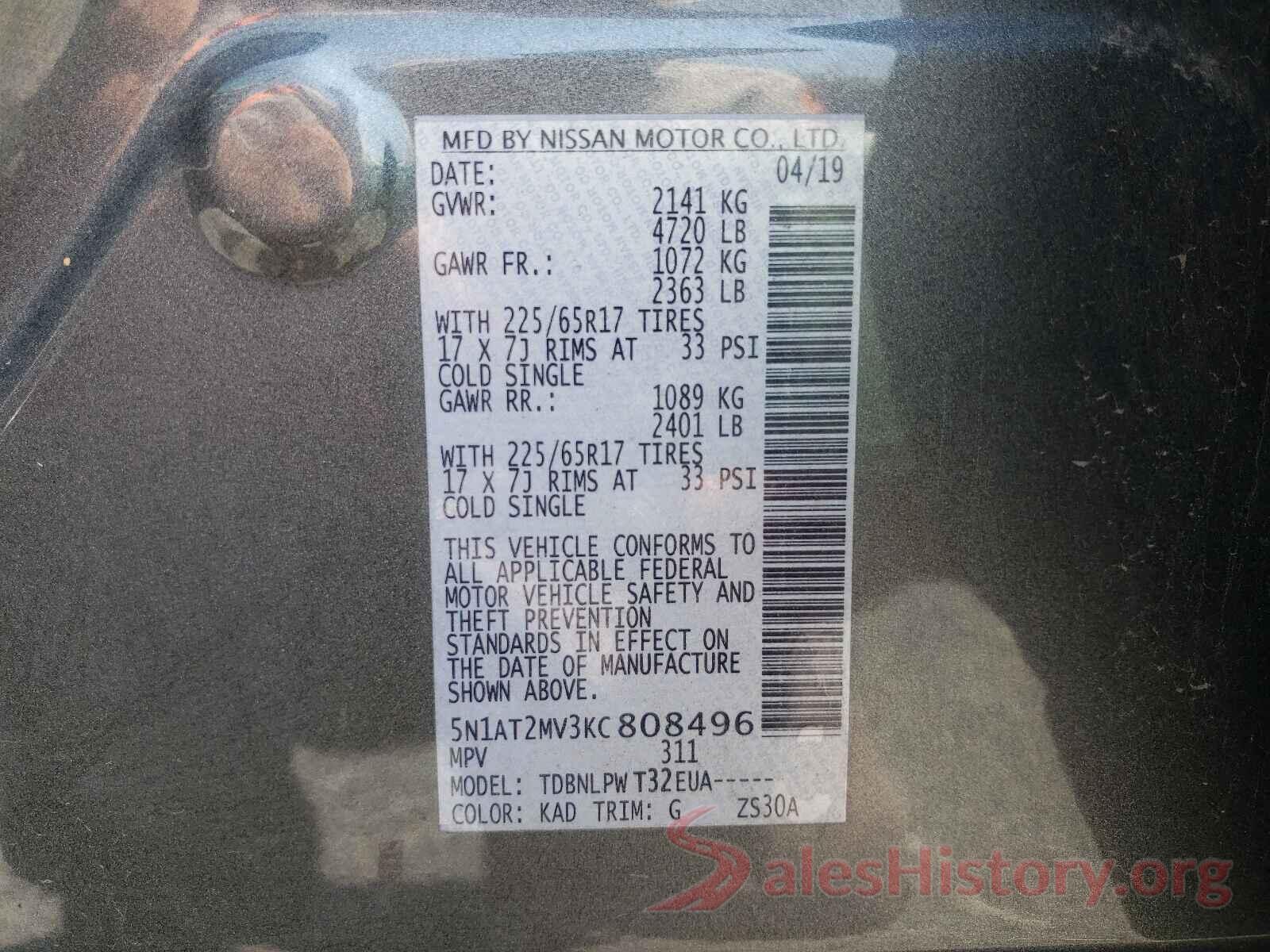 5N1AT2MV3KC808496 2019 NISSAN ROGUE