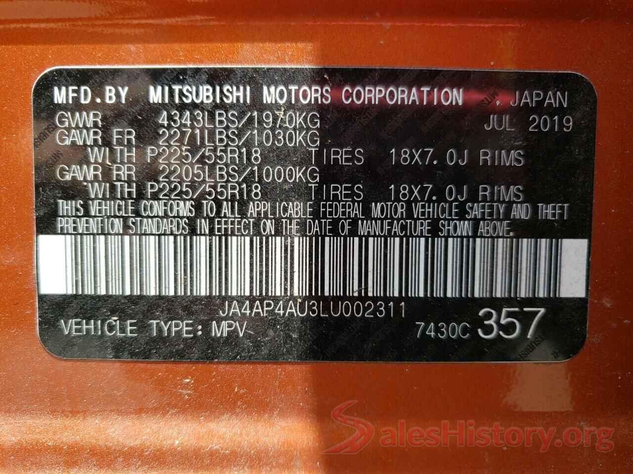 JA4AP4AU3LU002311 2020 MITSUBISHI OUTLANDER