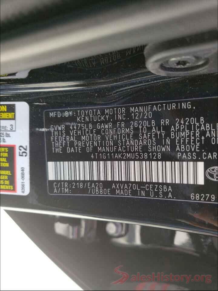 4T1G11AK2MU538128 2021 TOYOTA CAMRY