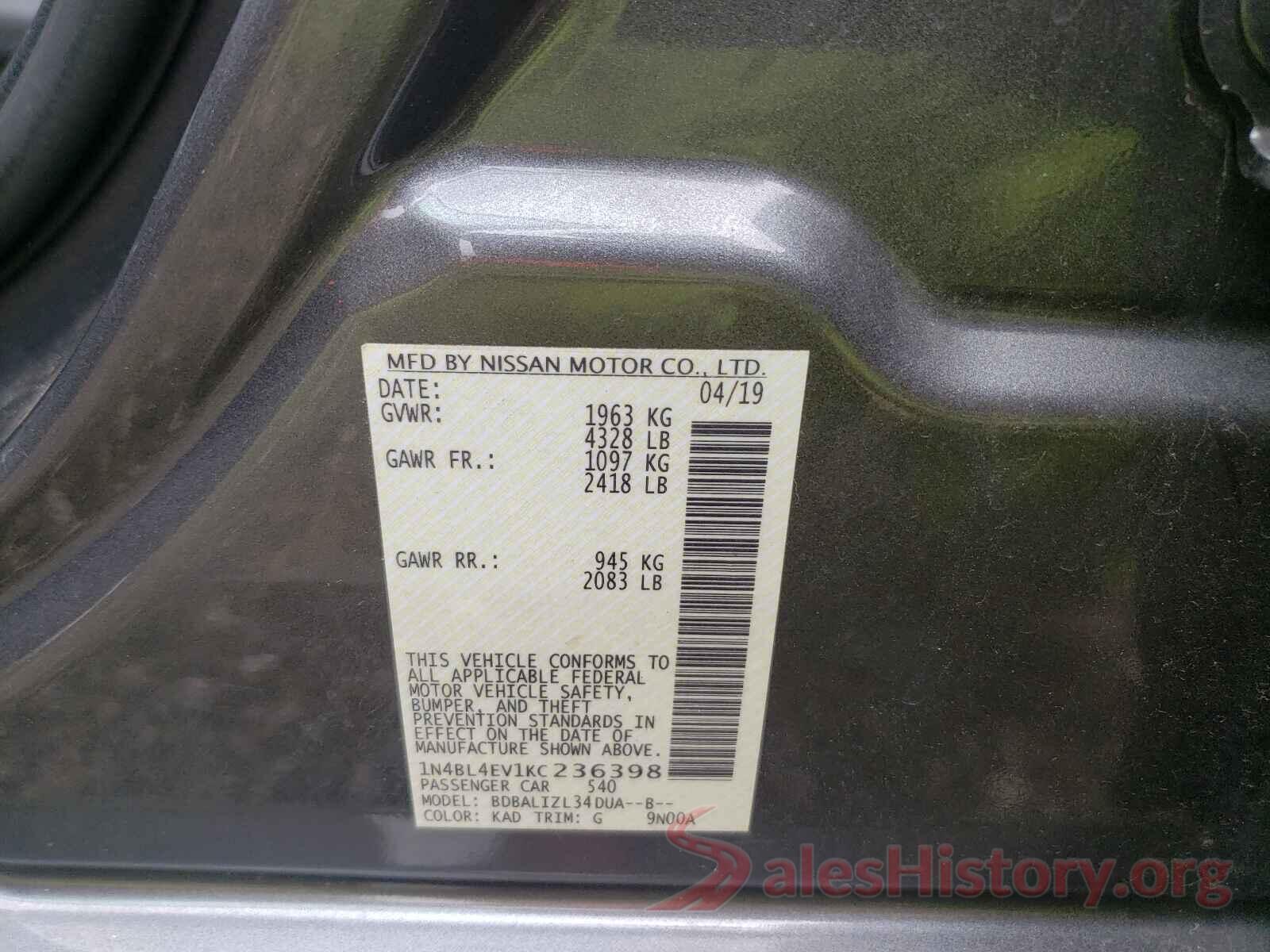 1N4BL4EV1KC236398 2019 NISSAN ALTIMA