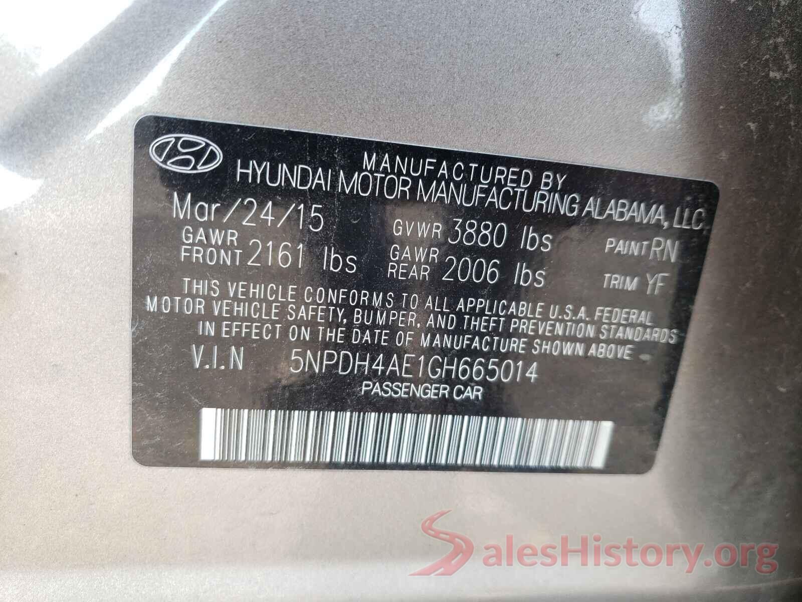 5NPDH4AE1GH665014 2016 HYUNDAI ELANTRA