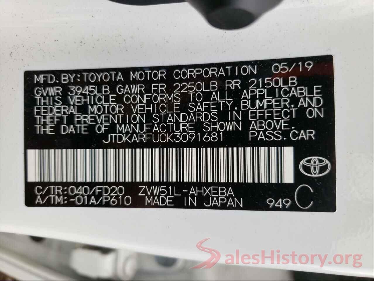 JTDKARFU0K3091681 2019 TOYOTA PRIUS