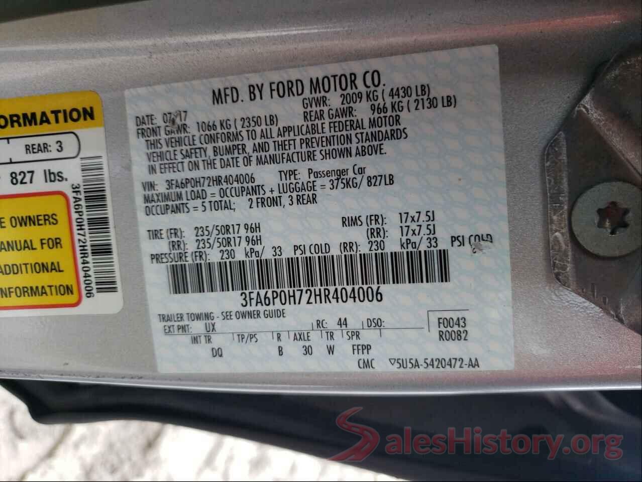 3FA6P0H72HR404006 2017 FORD FUSION