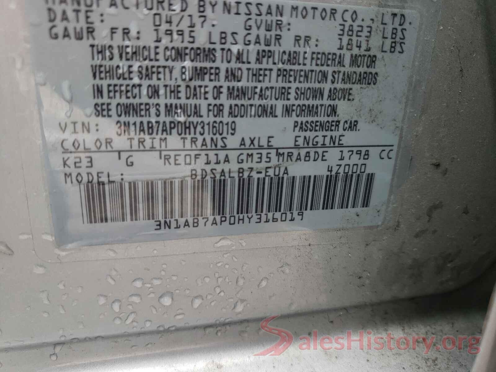 3N1AB7AP0HY316019 2017 NISSAN SENTRA