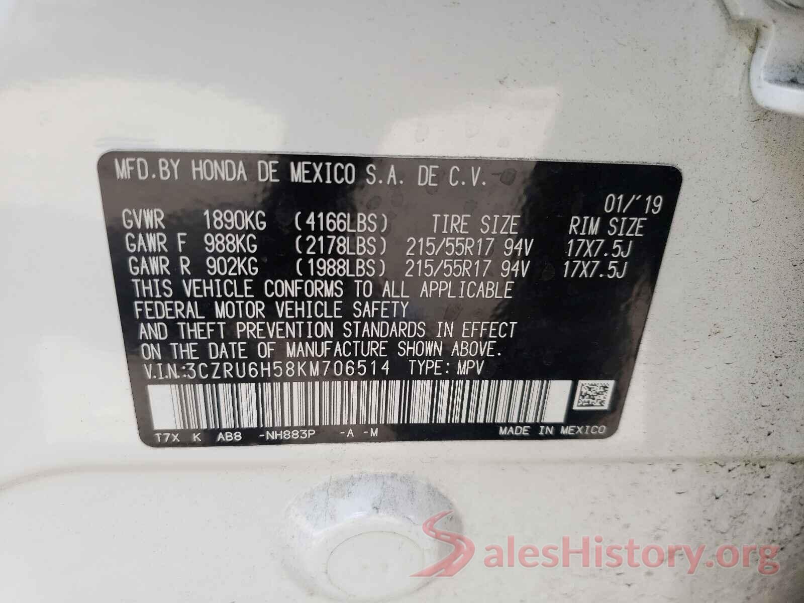 3CZRU6H58KM706514 2019 HONDA HR-V