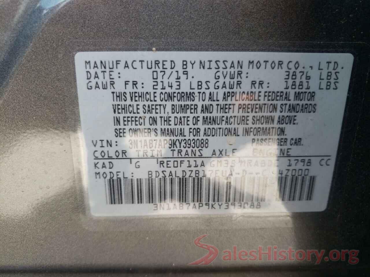 3N1AB7AP9KY393088 2019 NISSAN SENTRA