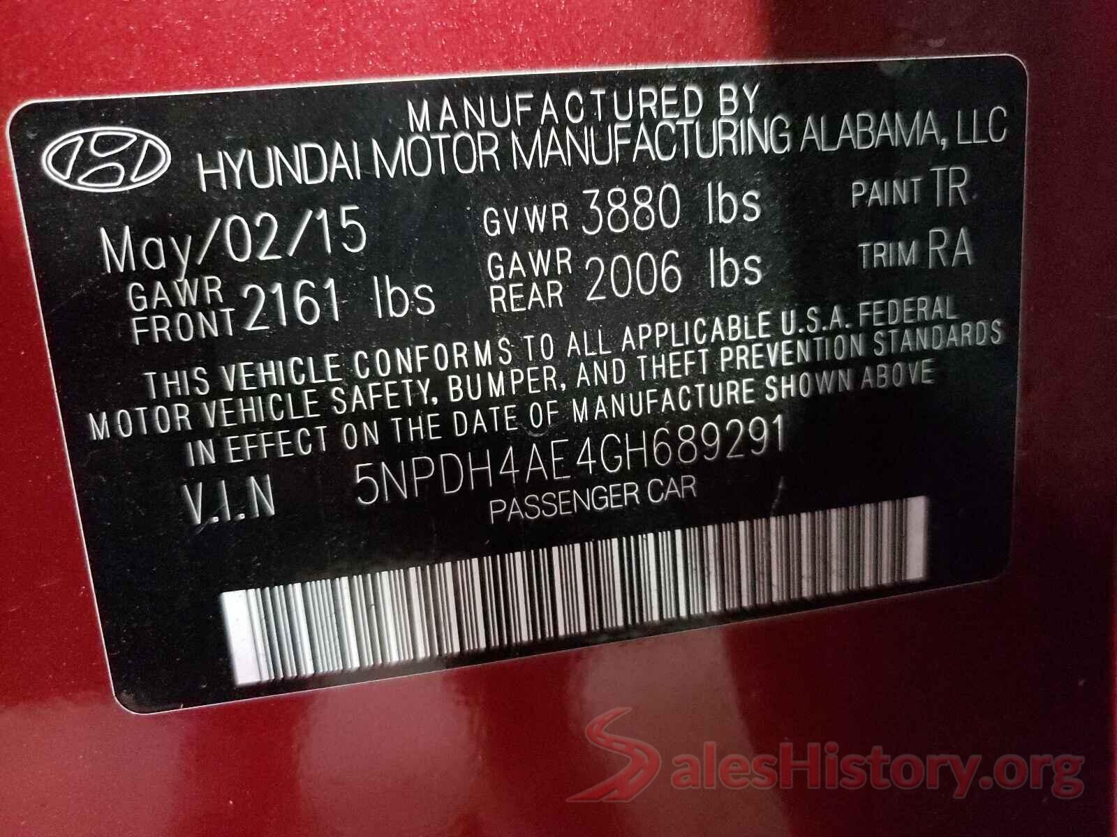 5NPDH4AE4GH689291 2016 HYUNDAI ELANTRA