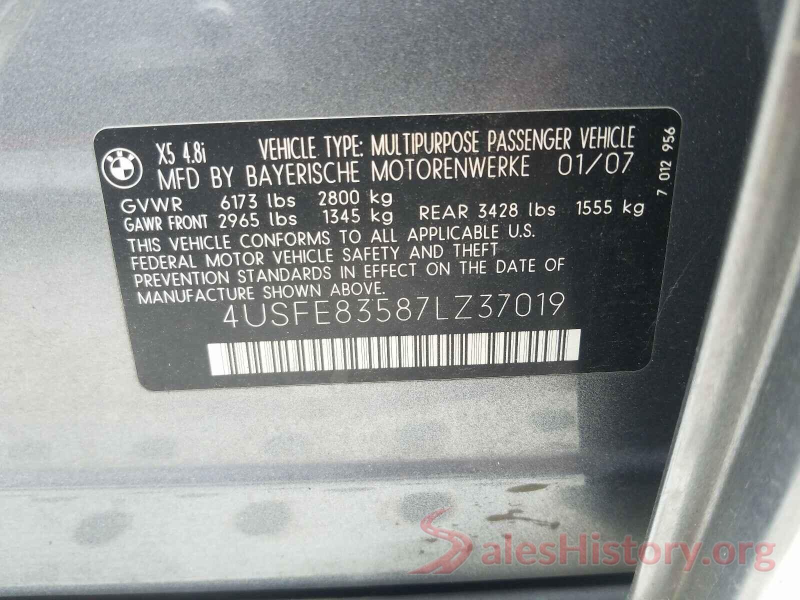 4USFE83587LZ37019 2007 BMW X5