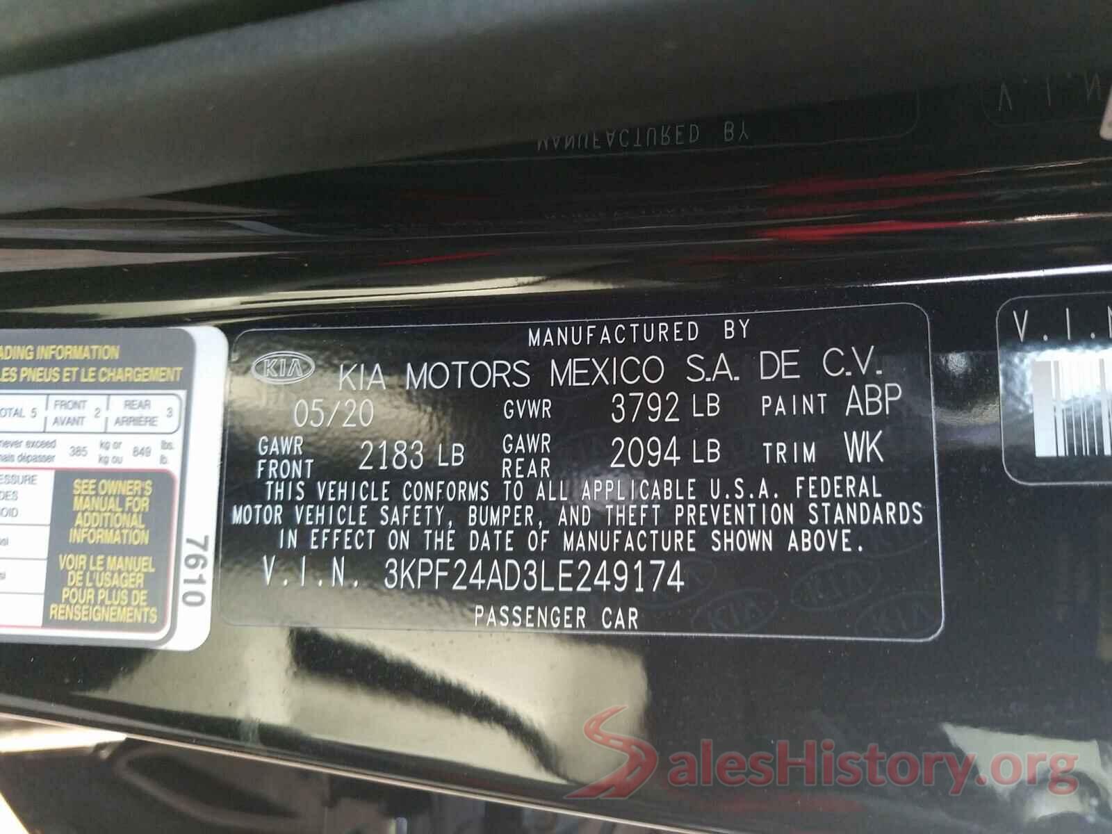 3KPF24AD3LE249174 2020 KIA FORTE