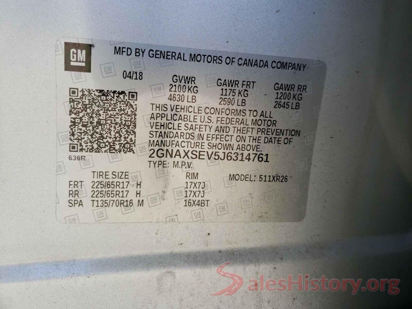 2GNAXSEV5J6314761 2018 CHEVROLET EQUINOX