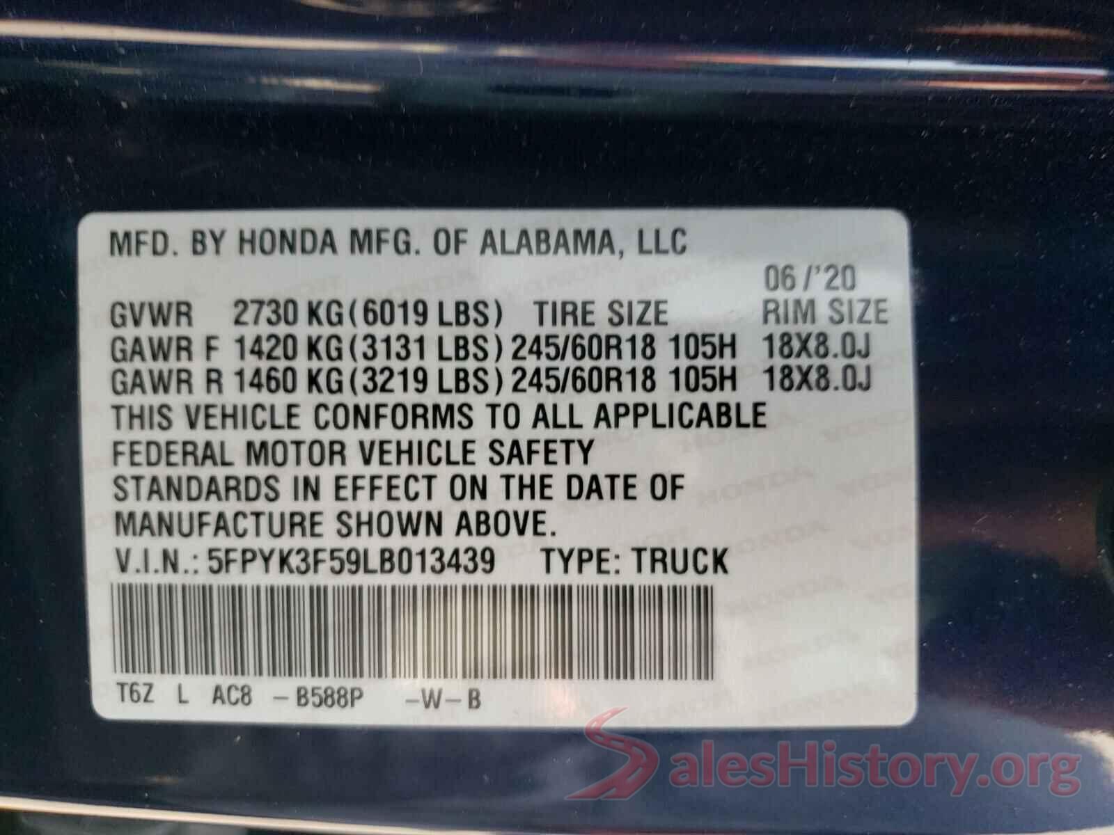 5FPYK3F59LB013439 2020 HONDA RIDGELINE