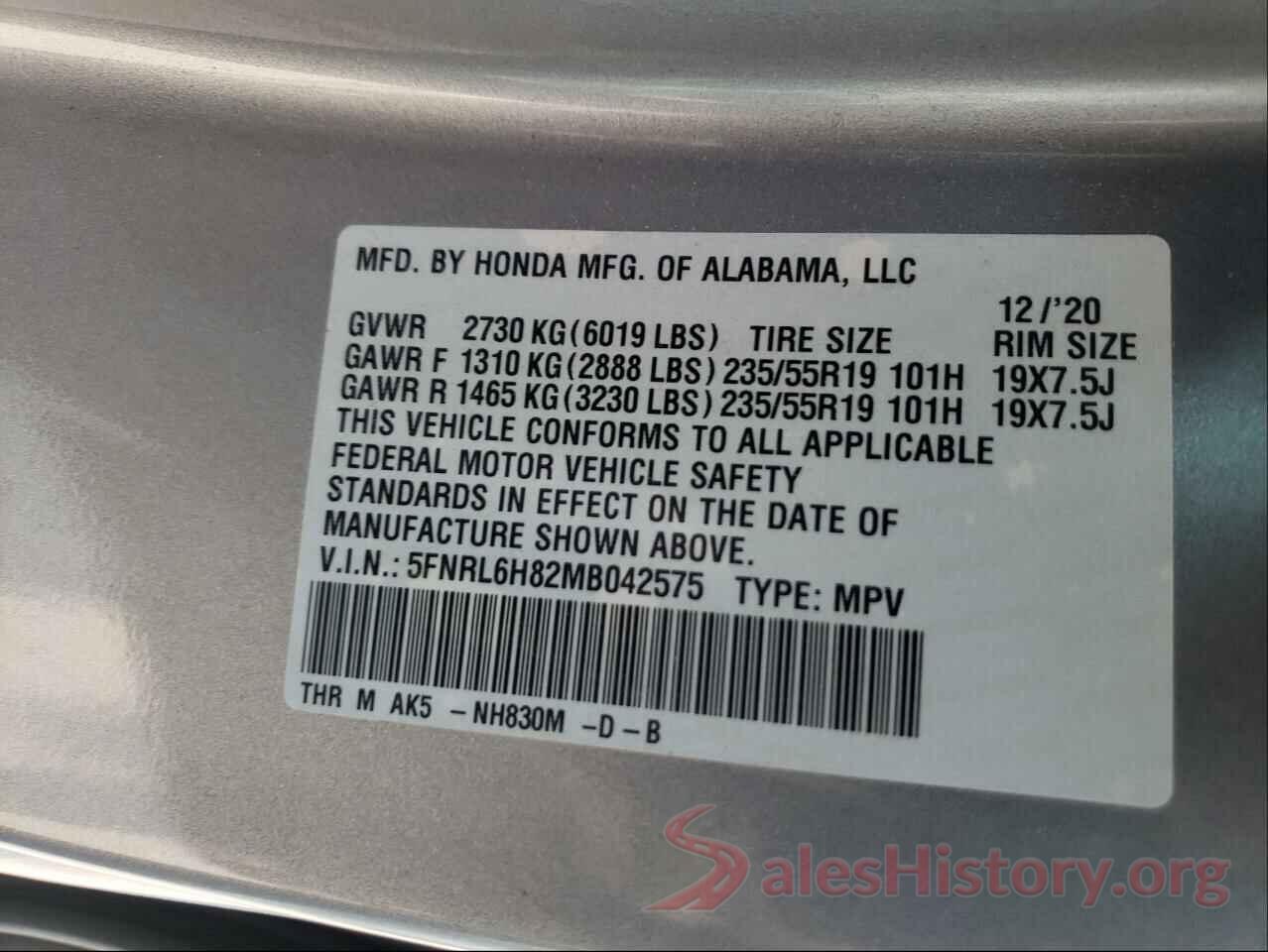 5FNRL6H82MB042575 2021 HONDA ODYSSEY