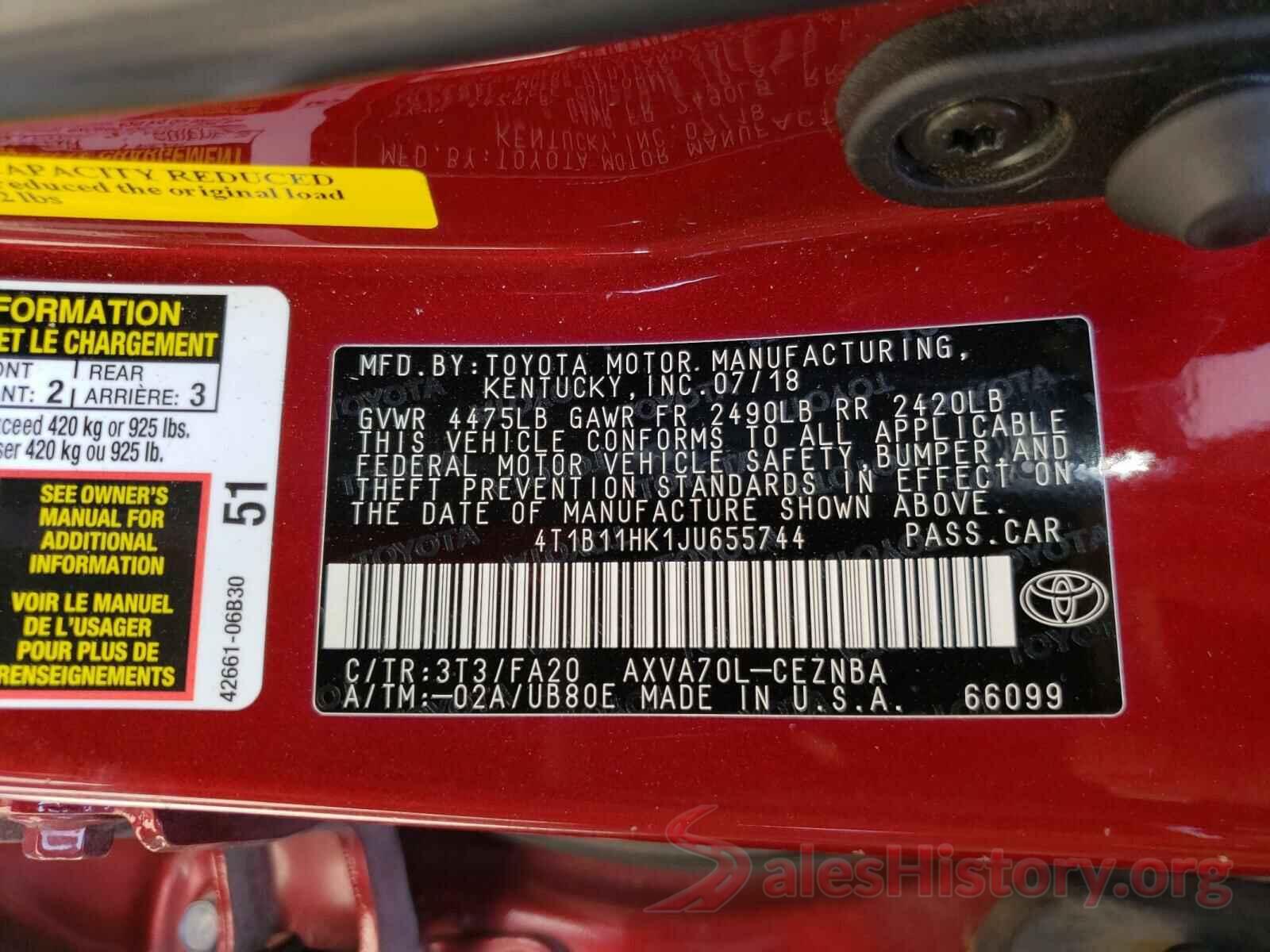 4T1B11HK1JU655744 2018 TOYOTA CAMRY