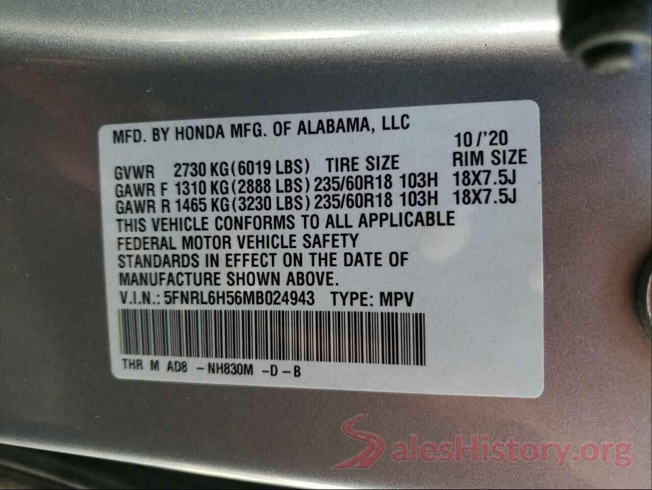 5FNRL6H56MB024943 2021 HONDA ODYSSEY