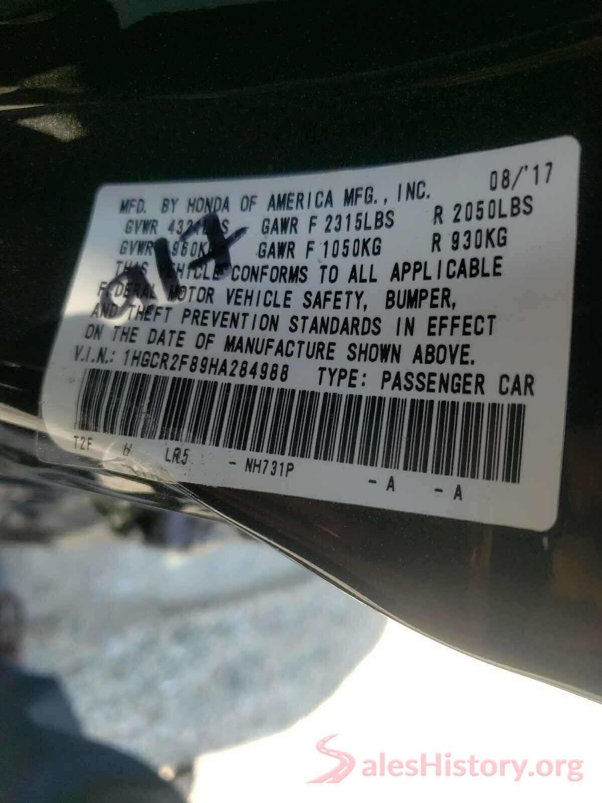 1HGCR2F89HA284988 2017 HONDA ACCORD