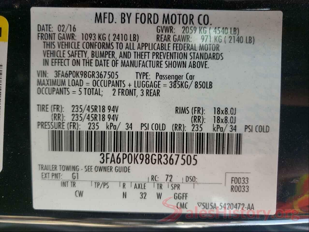 3FA6P0K98GR367505 2016 FORD FUSION