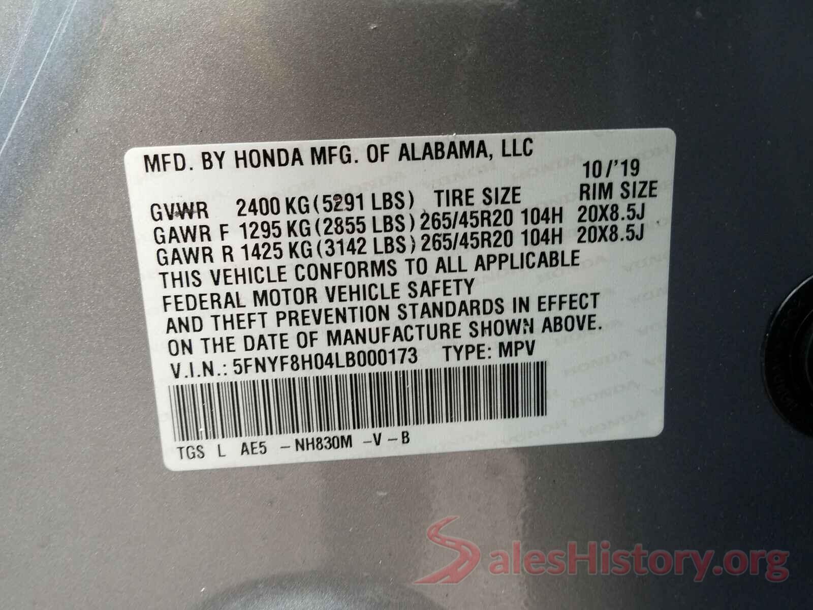 5FNYF8H04LB000173 2020 HONDA PASSPORT