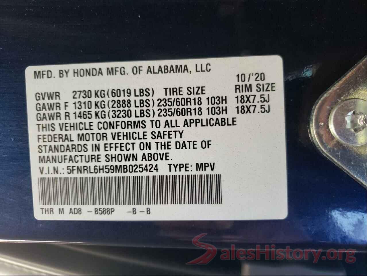 5FNRL6H59MB025424 2021 HONDA ODYSSEY