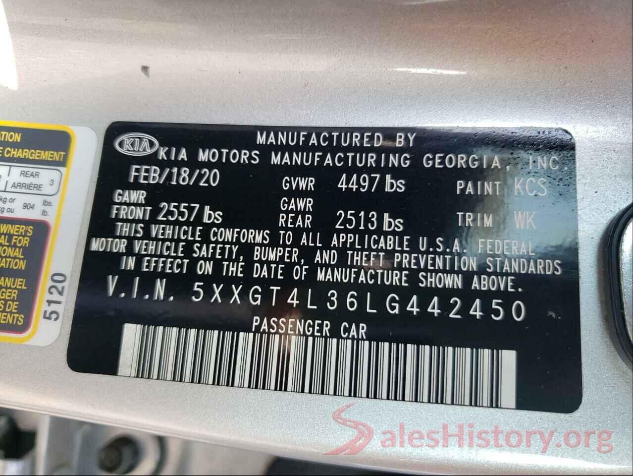 5XXGT4L36LG442450 2020 KIA OPTIMA