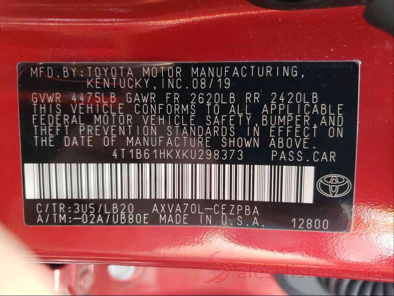 4T1B61HKXKU298373 2019 TOYOTA CAMRY