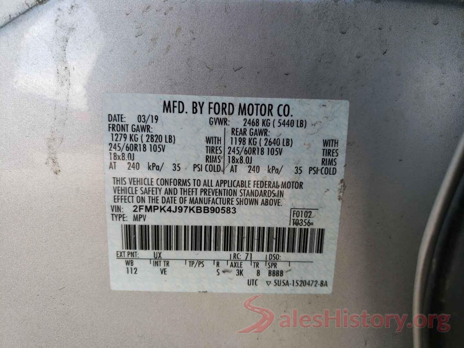 2FMPK4J97KBB90583 2019 FORD EDGE