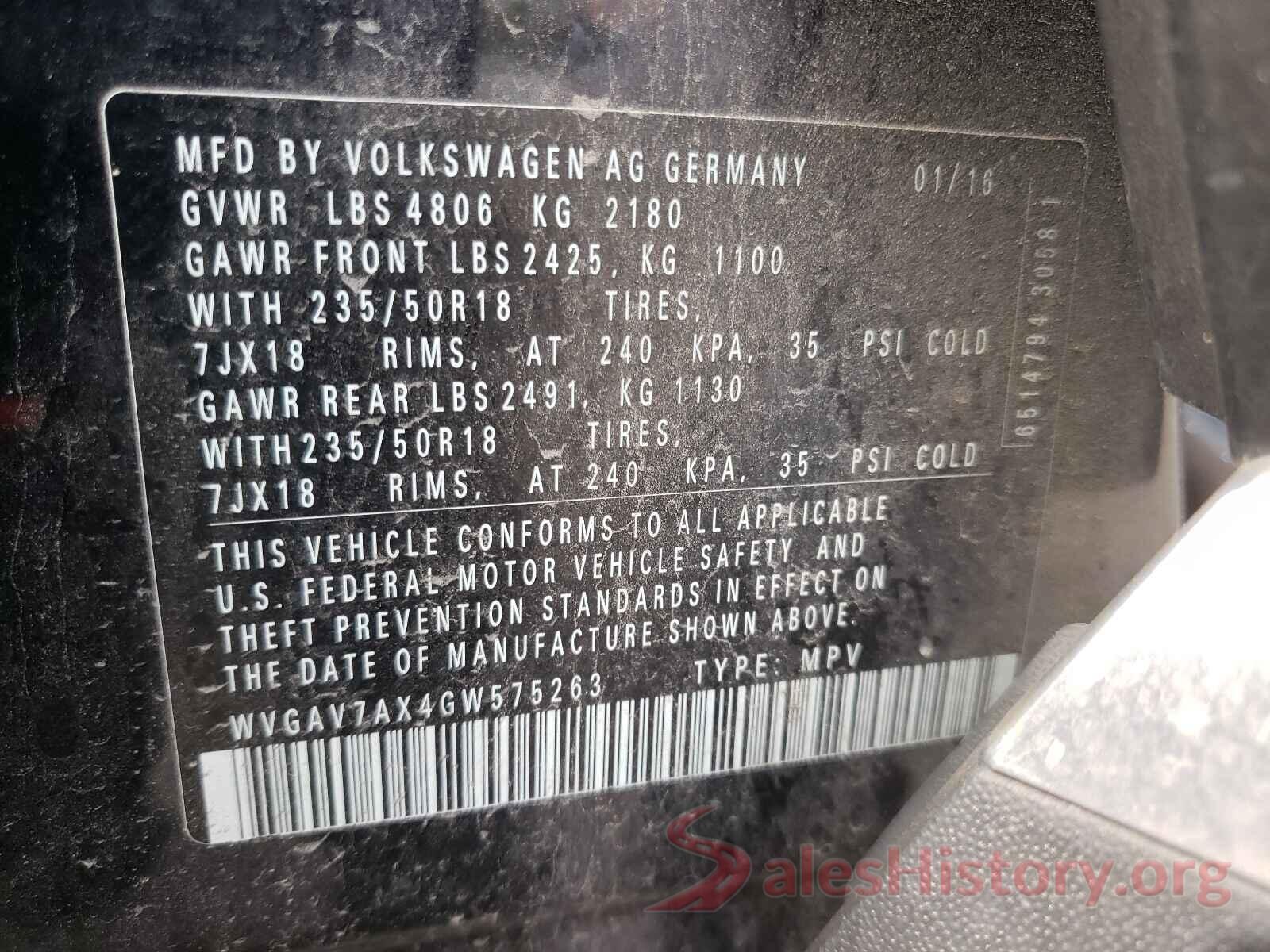 WVGAV7AX4GW575263 2016 VOLKSWAGEN TIGUAN