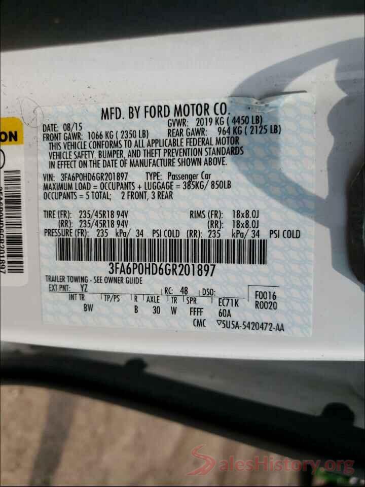 3FA6P0HD6GR201897 2016 FORD FUSION