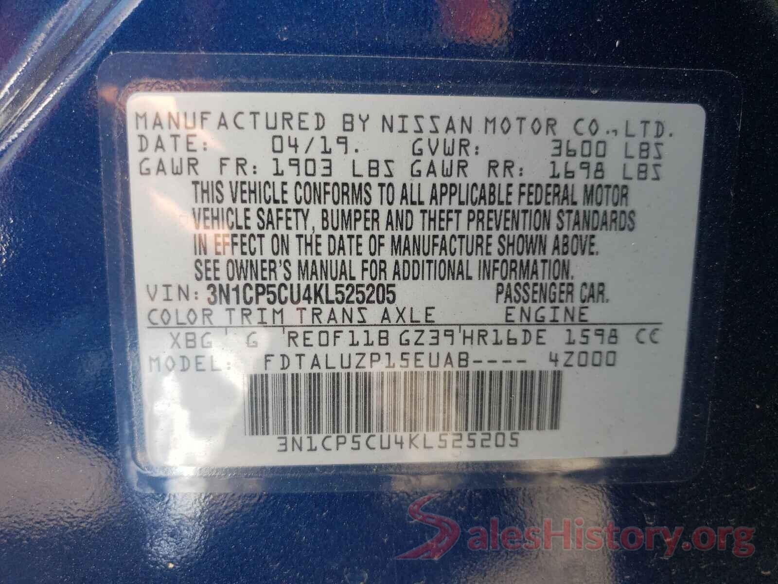 3N1CP5CU4KL525205 2019 NISSAN KICKS