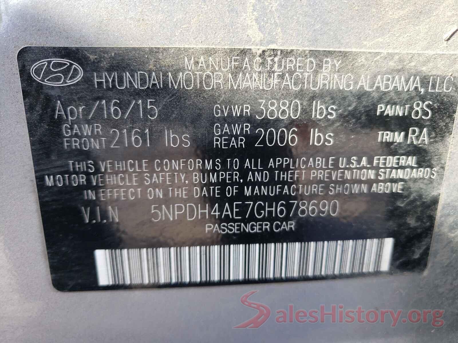 5NPDH4AE7GH678690 2016 HYUNDAI ELANTRA