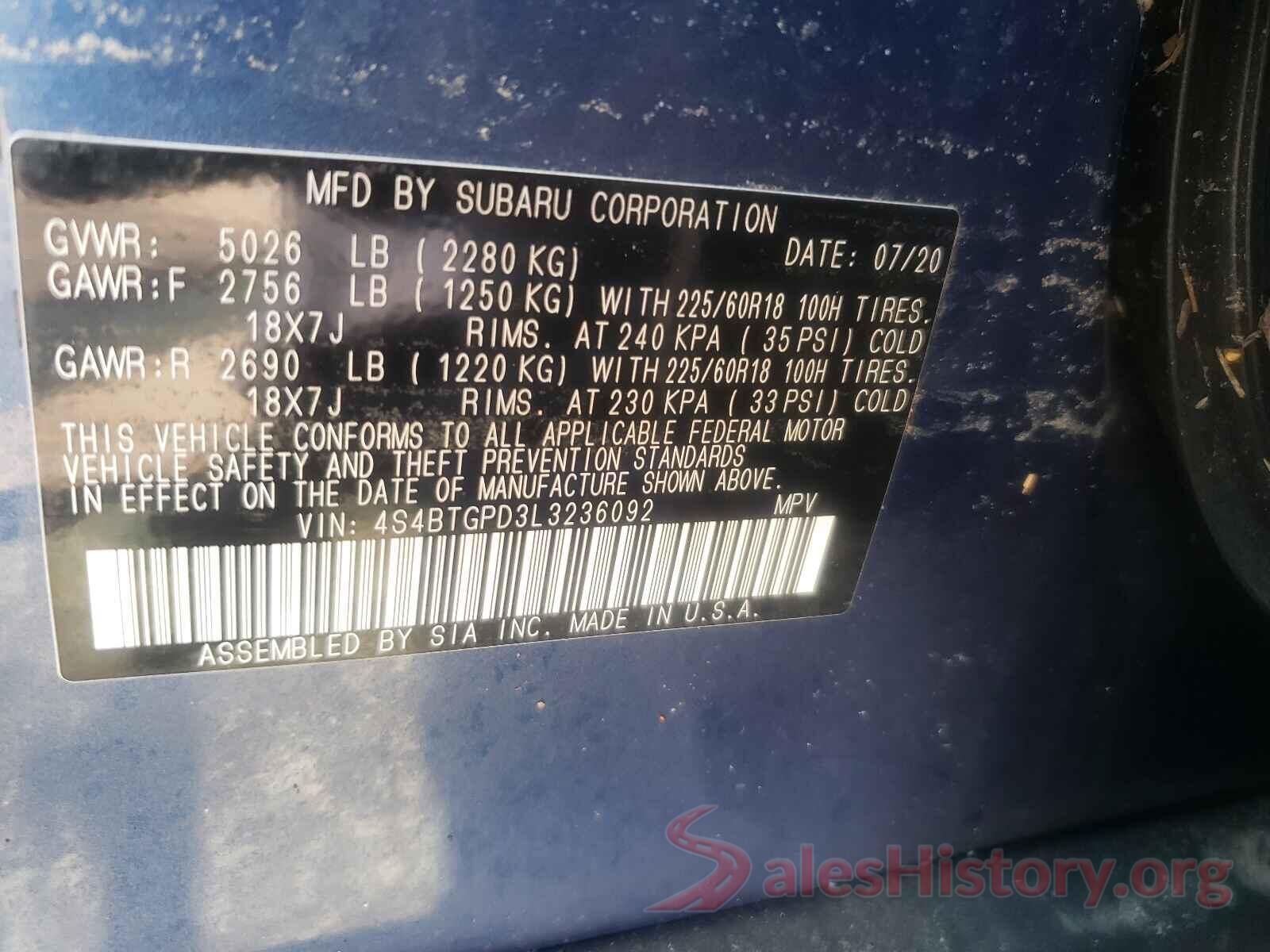 4S4BTGPD3L3236092 2020 SUBARU OUTBACK