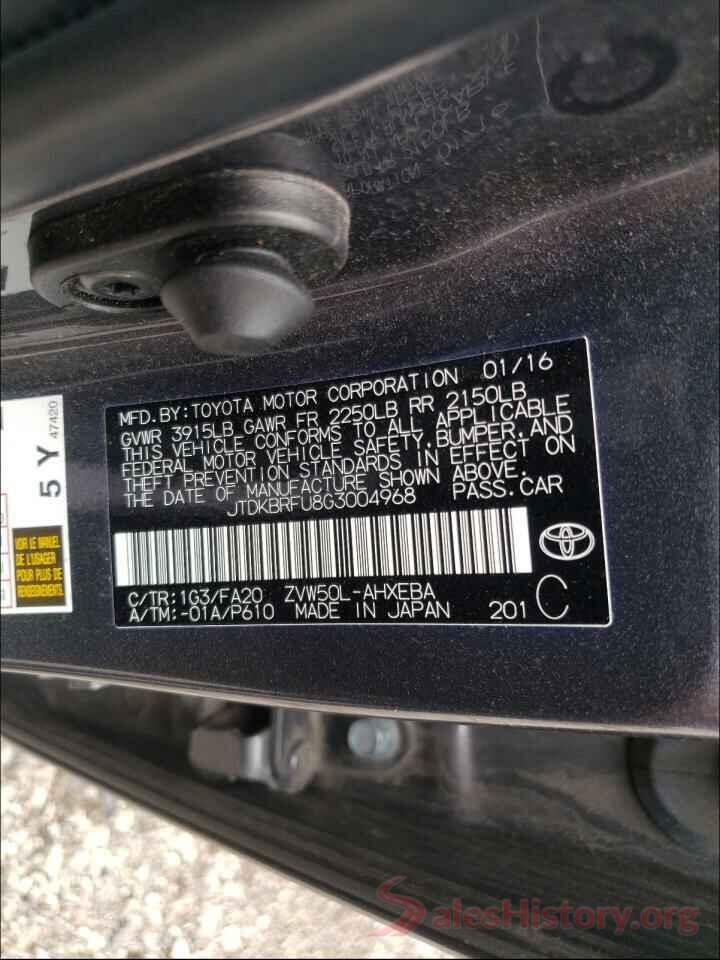 JTDKBRFU8G3004968 2016 TOYOTA PRIUS