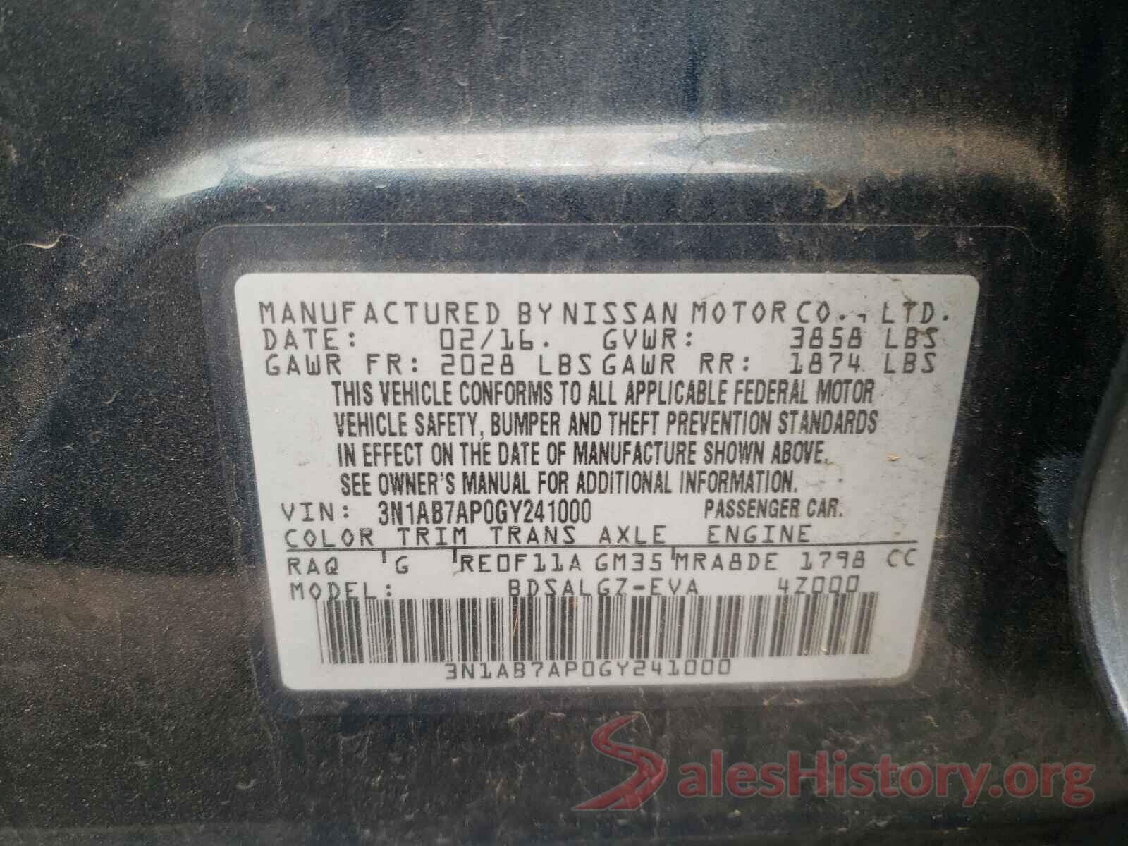 3N1AB7AP0GY241000 2016 NISSAN SENTRA