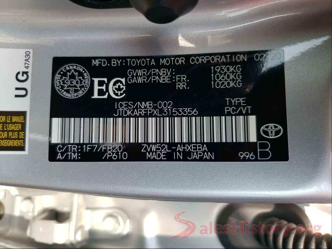 JTDKARFPXL3153356 2020 TOYOTA PRIUS