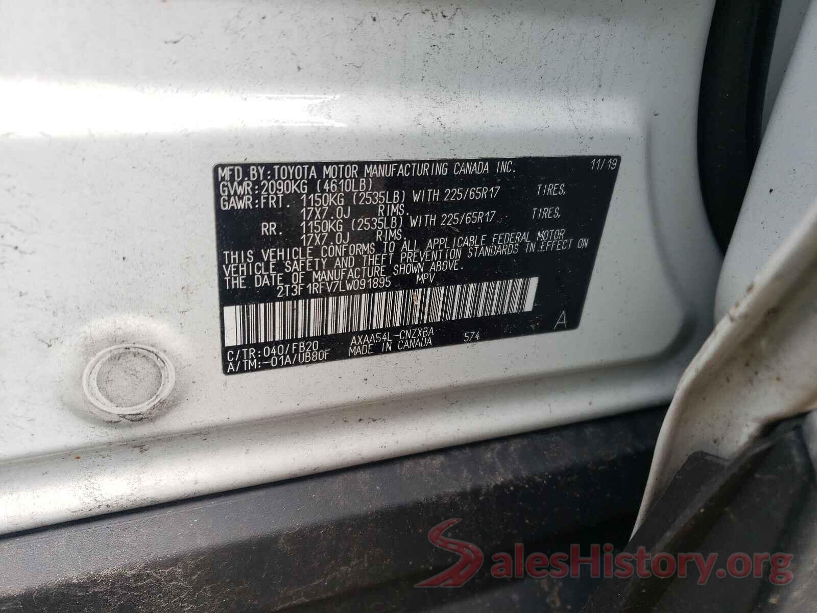 2T3F1RFV7LW091895 2020 TOYOTA RAV4