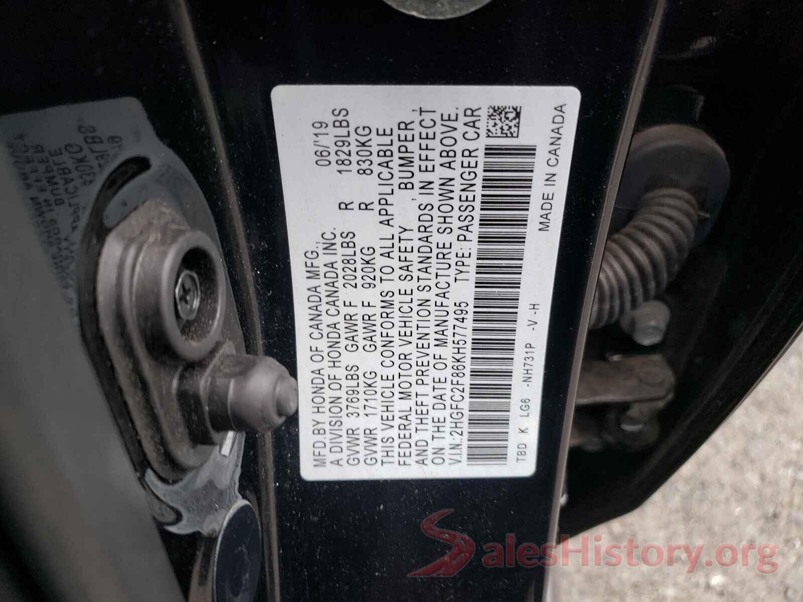 2HGFC2F86KH577495 2019 HONDA CIVIC