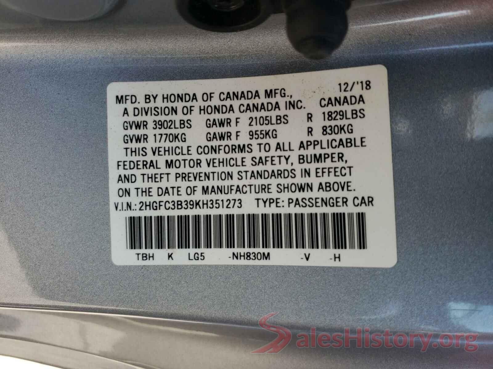 2HGFC3B39KH351273 2019 HONDA CIVIC