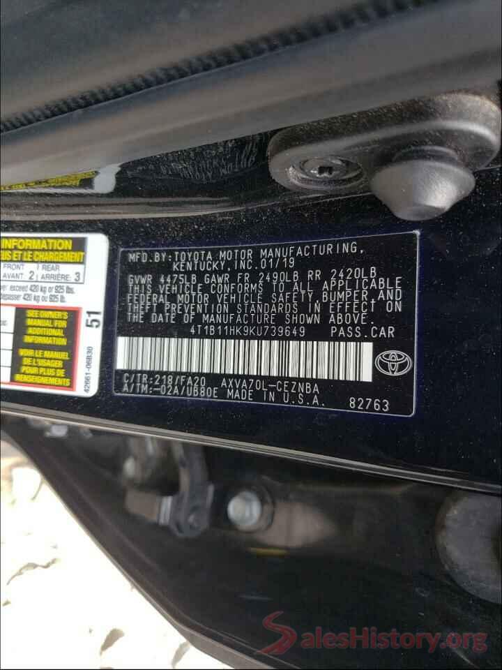 4T1B11HK9KU739649 2019 TOYOTA CAMRY